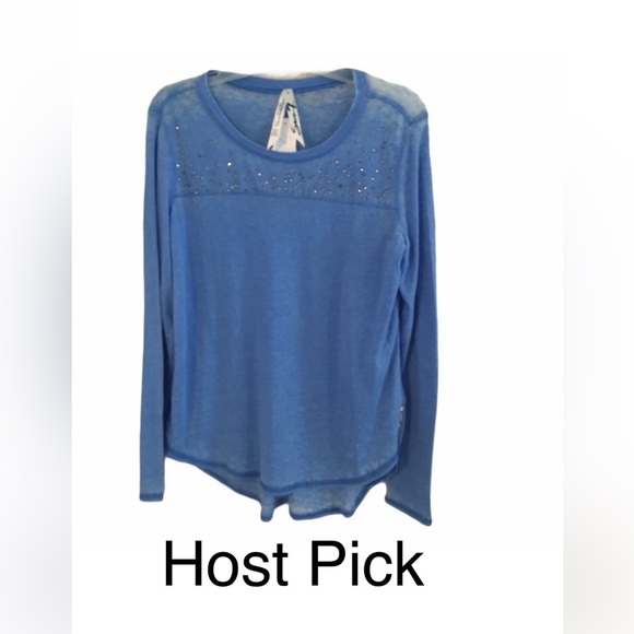 Seven7 Tops - Seven 7 Beaded Burnout Top Sheer Long Sleeved Gauzy Blue Small Sequins Fairycore
